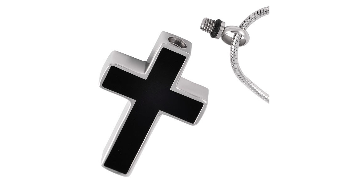 ashes jewellery stainless steel blck and silver cross necklace memorial urn