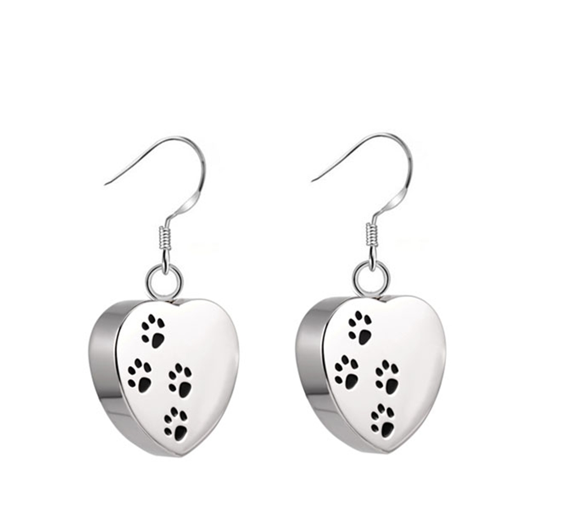 ashes jewellery stainless steel heart with paw prints earrings memorial urn