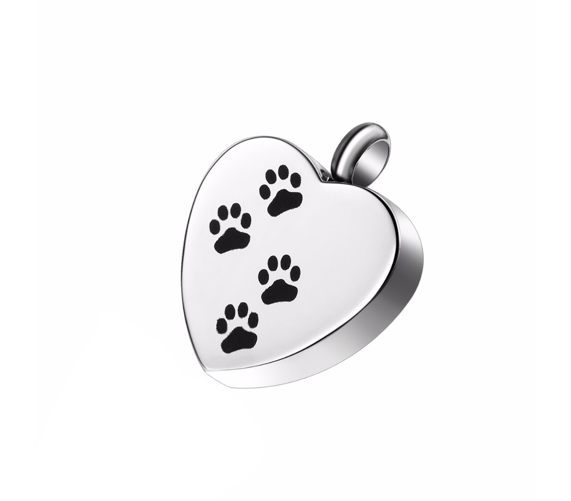 ashes jewellery stainless steel paw print heart pet dog cat necklace memorial urn